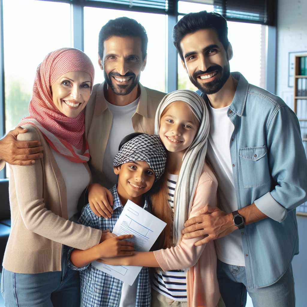 Familia feliz después de obtener su residencia